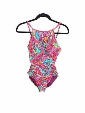 Ellen Tracy Pink Paisley One-Piece Slimming Swimsuit HIgh Neck Women's Size 12